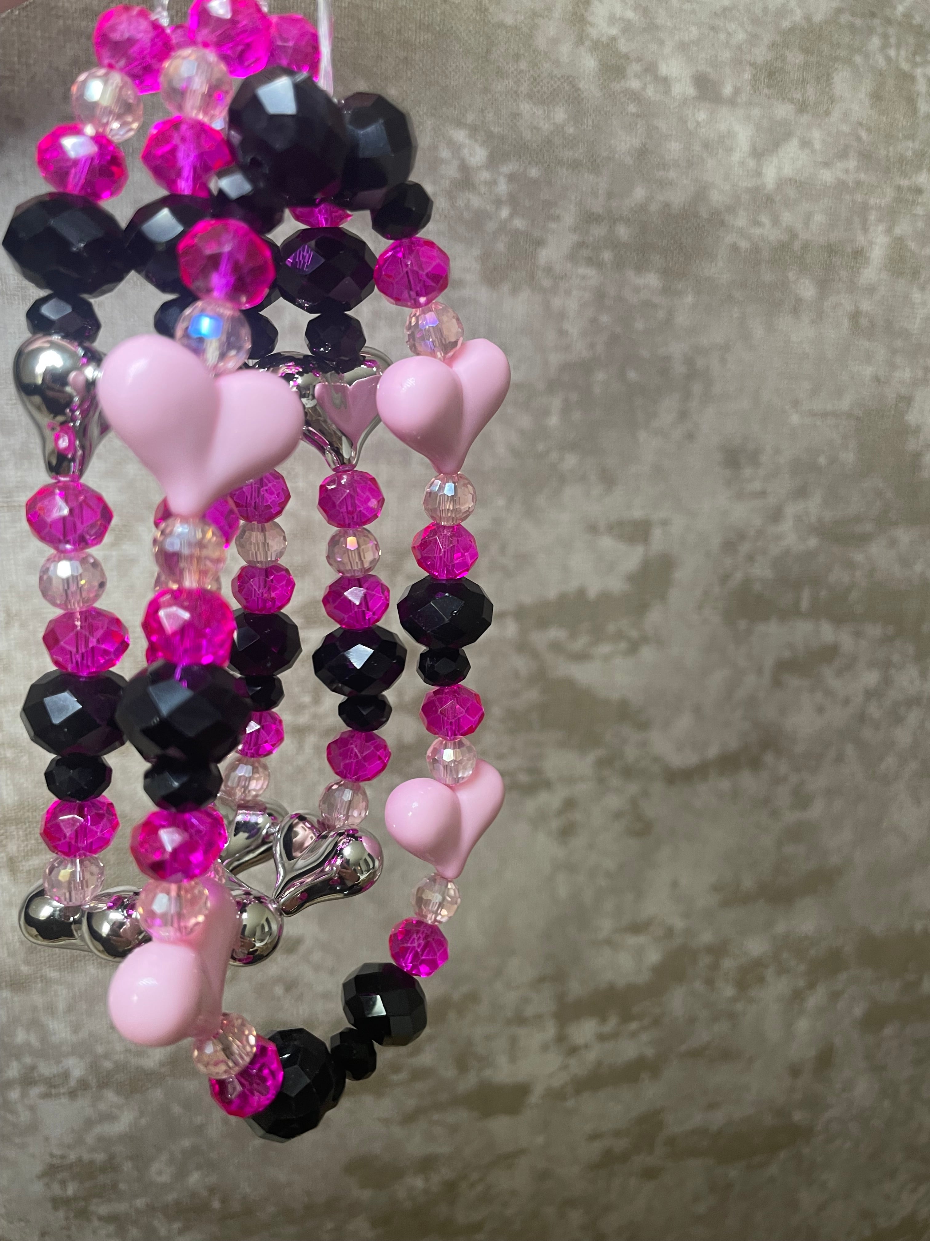 Black and pink crystal heart phone charm