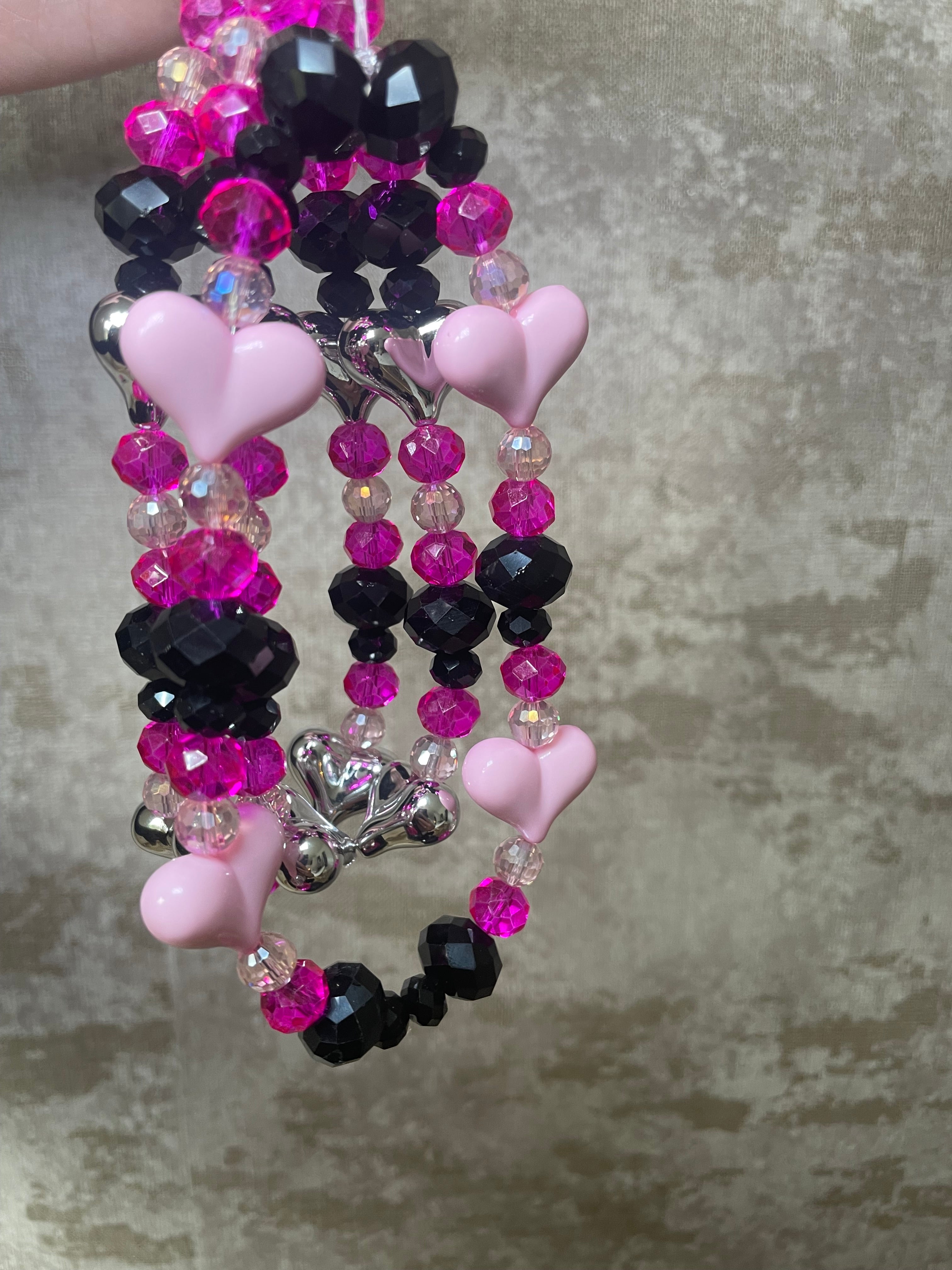 Black and pink crystal heart phone charm