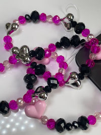 Black and pink crystal heart phone charm